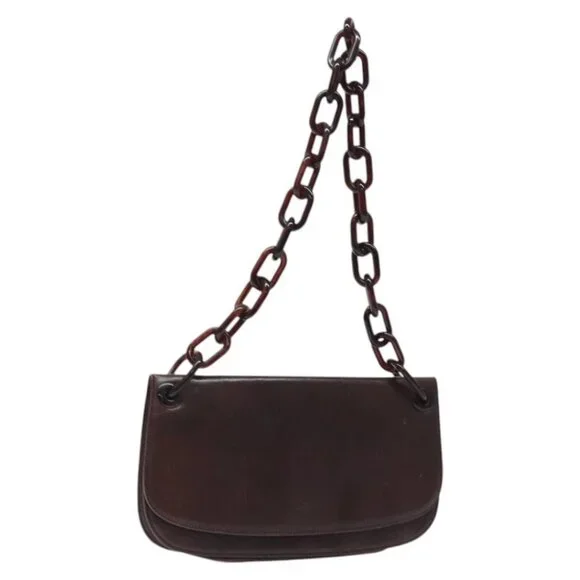 PRADA Chain Shoulder Bag Leather plastic Brown Silver Auth sw306